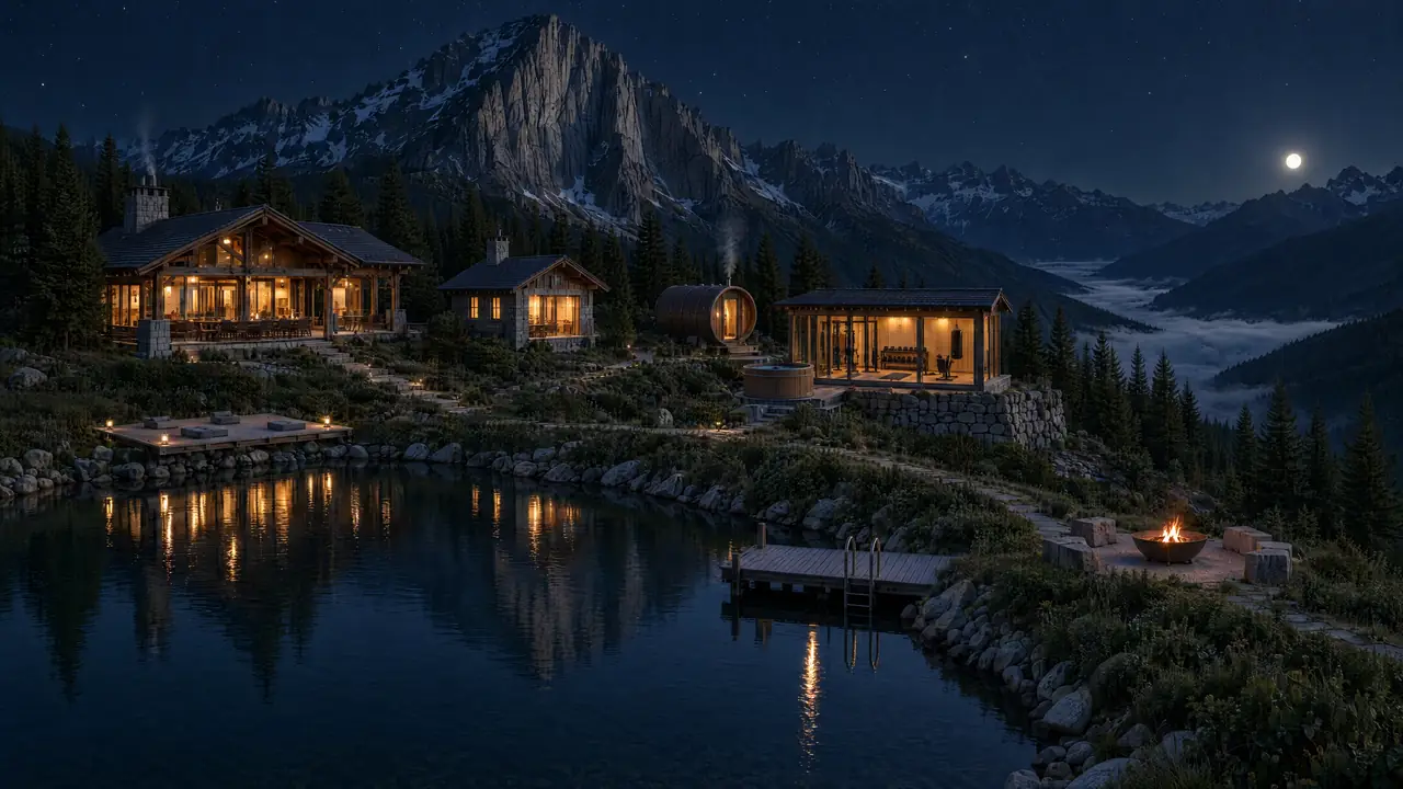 Die Alm bei Nacht: beleuchtete Hütten am See unter dem Mond